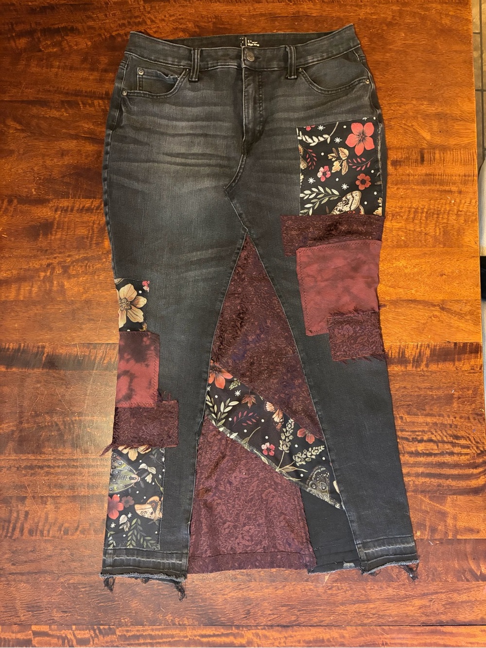 Upcycled Patchwork Distressed Faded Black
Denim Maxi Skirt Women's Sz 14 Petite